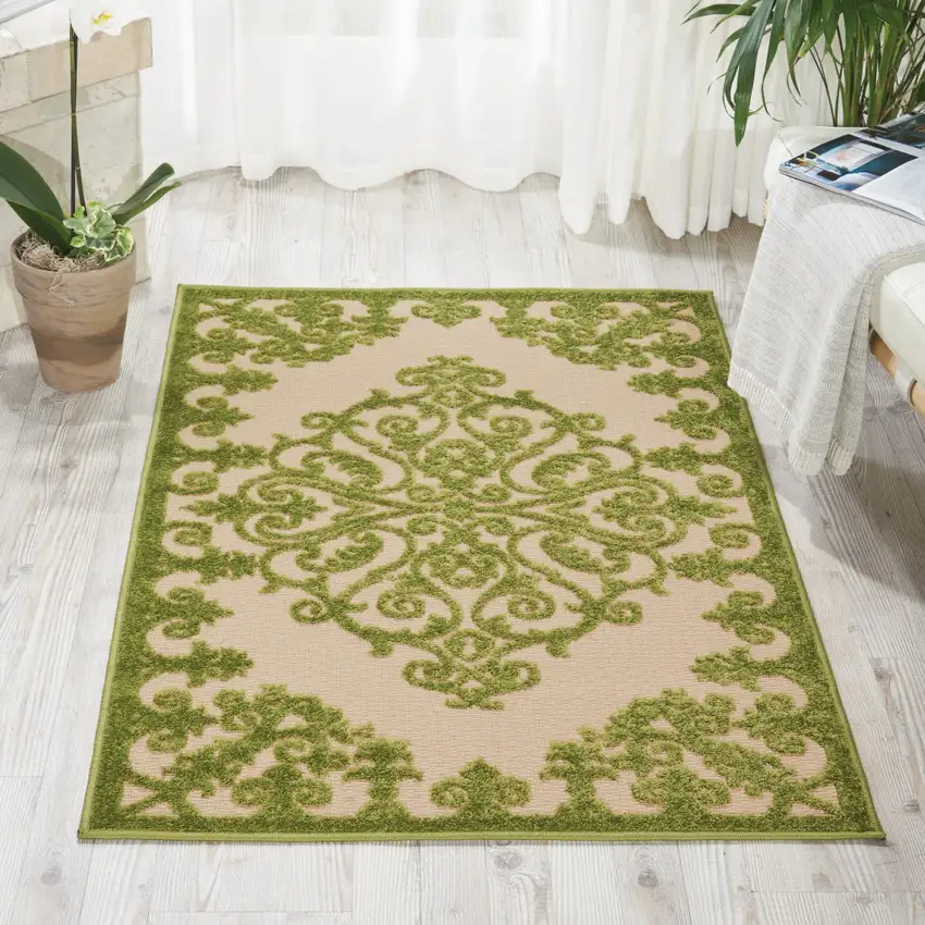 Green Damask Indoor Outdoor Area Rug Photo 6