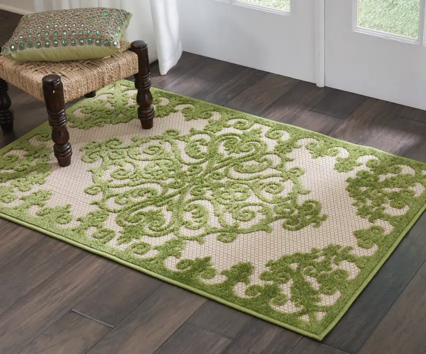Green Damask Indoor Outdoor Area Rug Photo 7