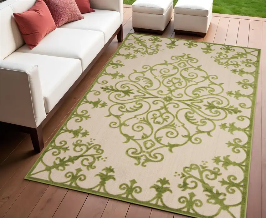 Green Damask Indoor Outdoor Area Rug Photo 1