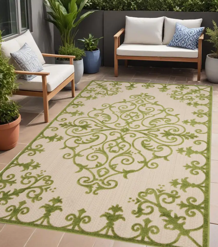 Green Damask Indoor Outdoor Area Rug Photo 1