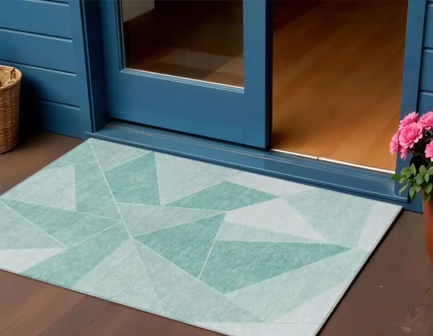 Green Mint Green And Aqua Geometric Washable Indoor Outdoor Area Rug Photo 1