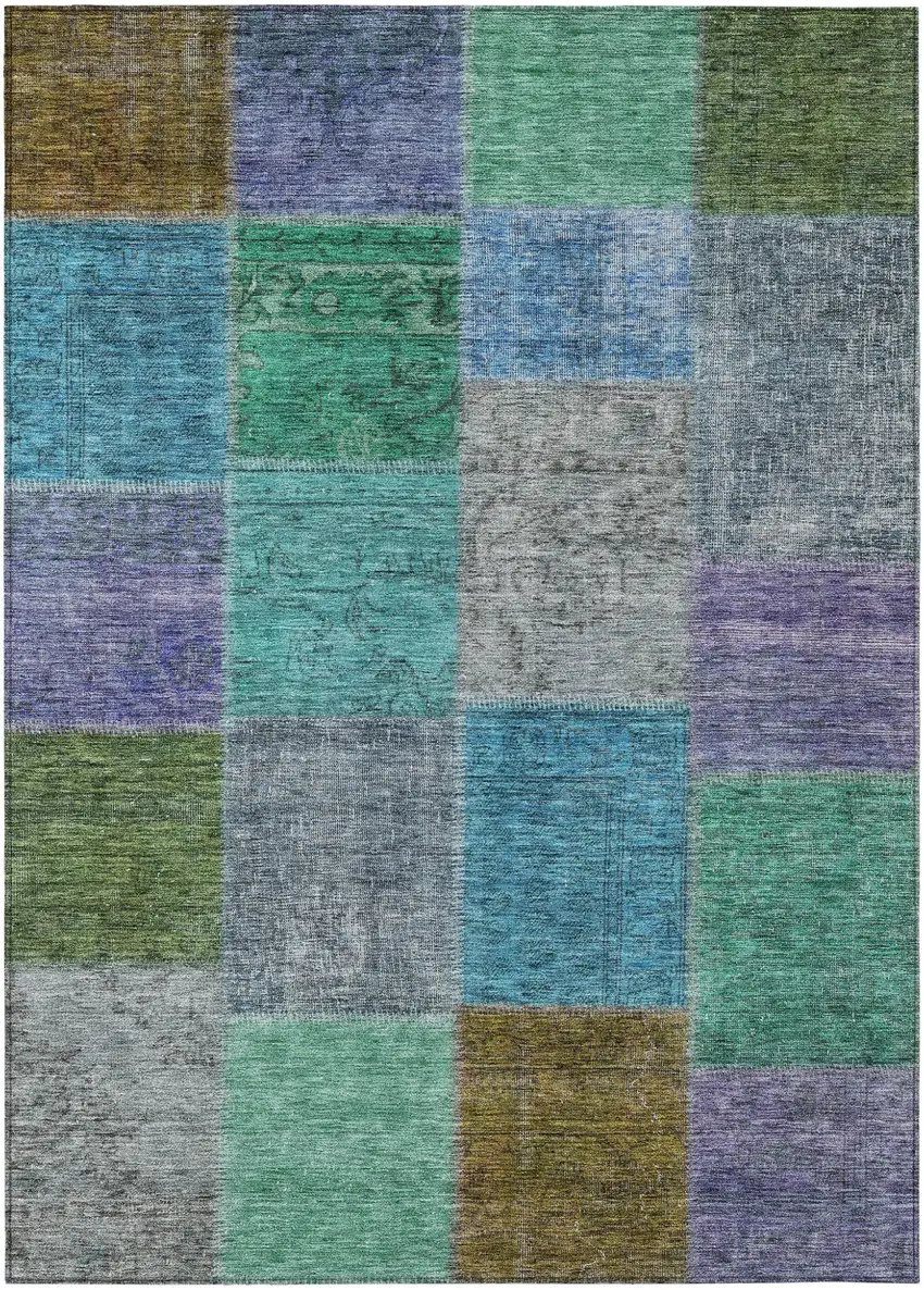 Green Navy Blue And Gray Patchwork Washable Indoor Outdoor Area Rug Photo 2