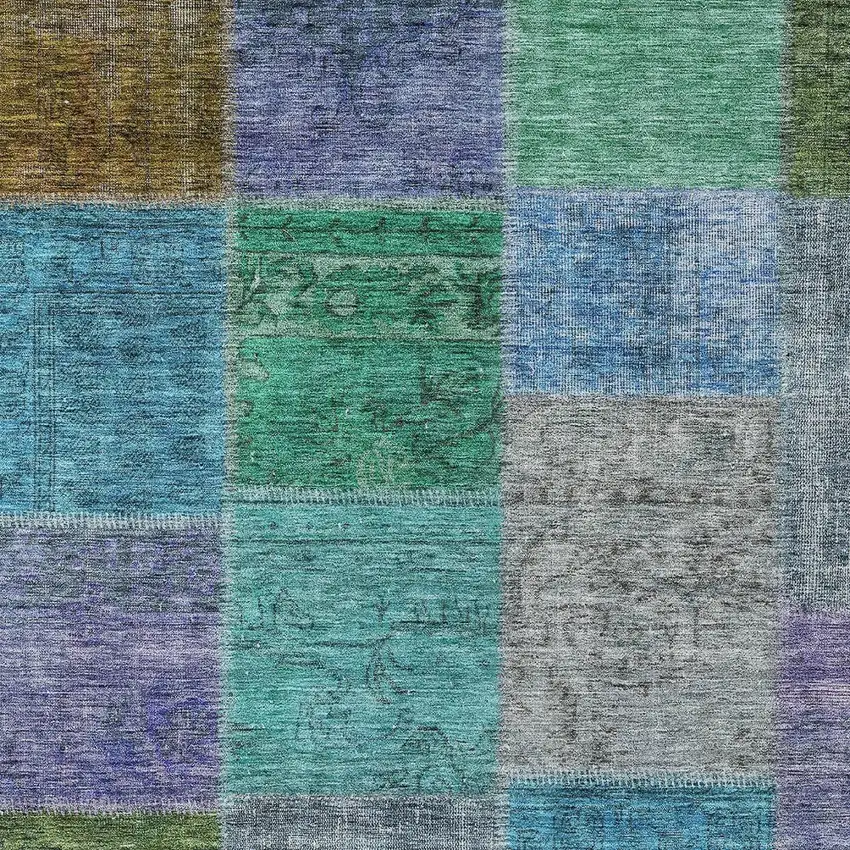 Green Navy Blue And Gray Patchwork Washable Indoor Outdoor Area Rug Photo 5