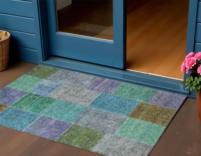 Green Navy Blue And Gray Patchwork Washable Indoor Outdoor Area Rug Photo 1