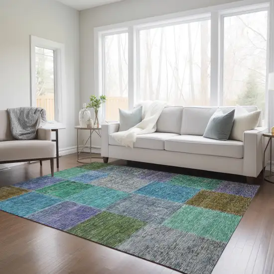 Green Navy Blue And Gray Patchwork Washable Indoor Outdoor Area Rug Photo 8