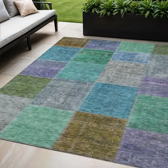 Green Navy Blue And Gray Patchwork Washable Indoor Outdoor Area Rug Photo 1