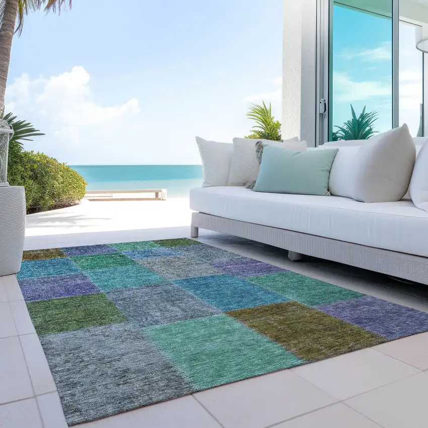 Green Navy Blue And Gray Patchwork Washable Indoor Outdoor Area Rug Photo 9