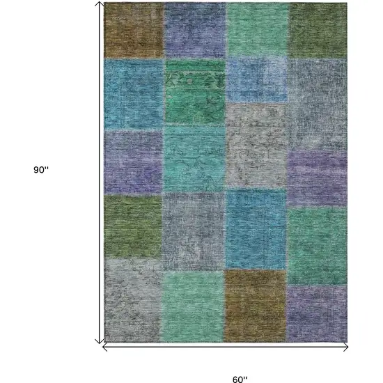 Green Navy Blue And Gray Patchwork Washable Indoor Outdoor Area Rug Photo 3