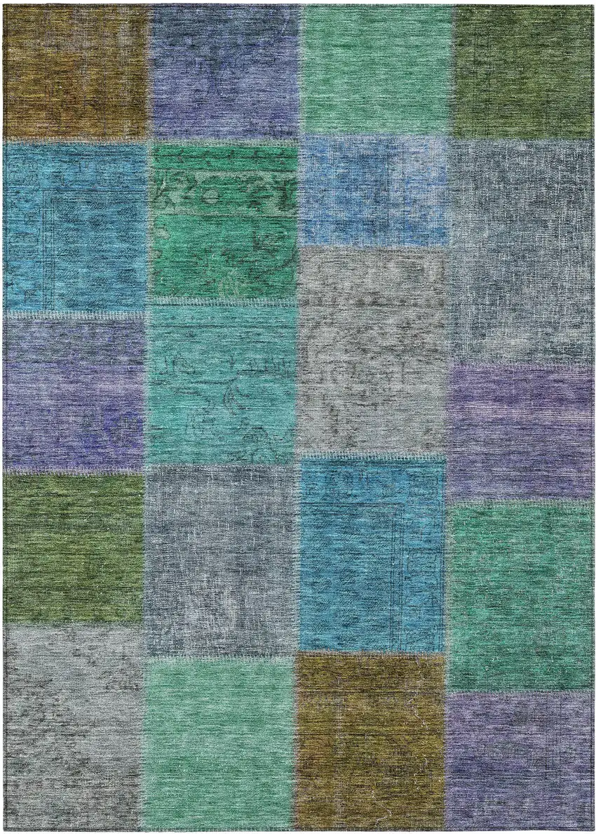 Green Navy Blue And Gray Patchwork Washable Indoor Outdoor Area Rug Photo 2