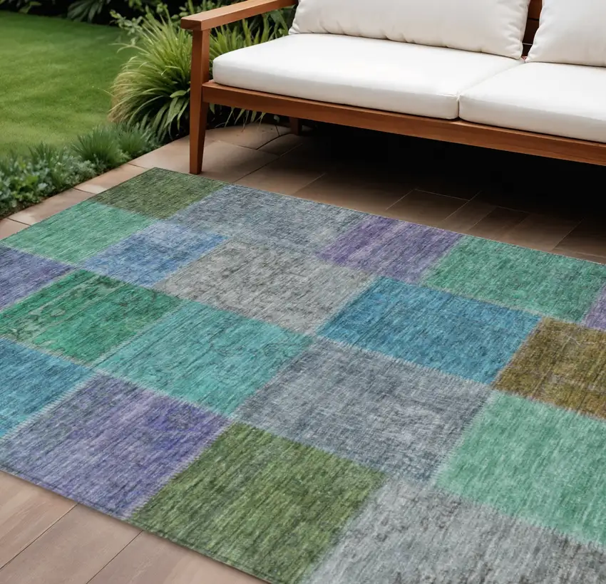 Green Navy Blue And Gray Patchwork Washable Indoor Outdoor Area Rug Photo 1