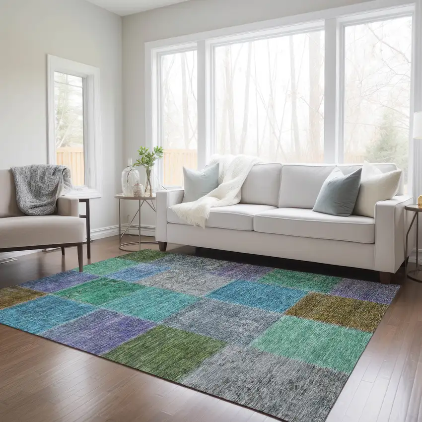 Green Navy Blue And Gray Patchwork Washable Indoor Outdoor Area Rug Photo 9