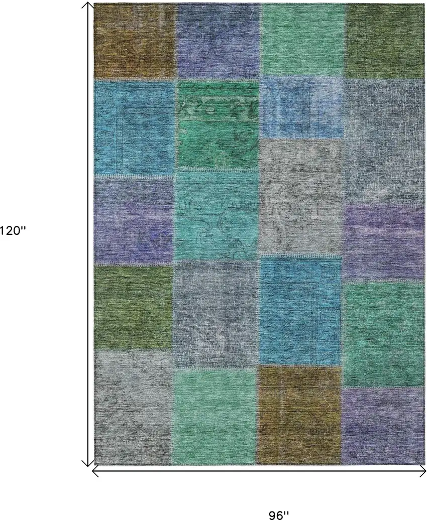 Green Navy Blue And Gray Patchwork Washable Indoor Outdoor Area Rug Photo 3