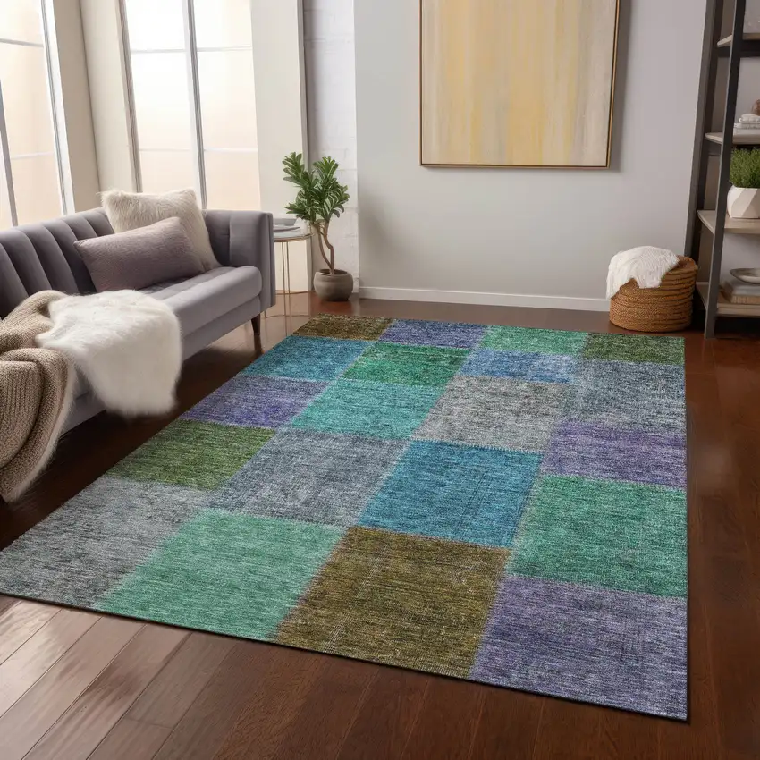 Green Navy Blue And Gray Patchwork Washable Indoor Outdoor Area Rug Photo 8