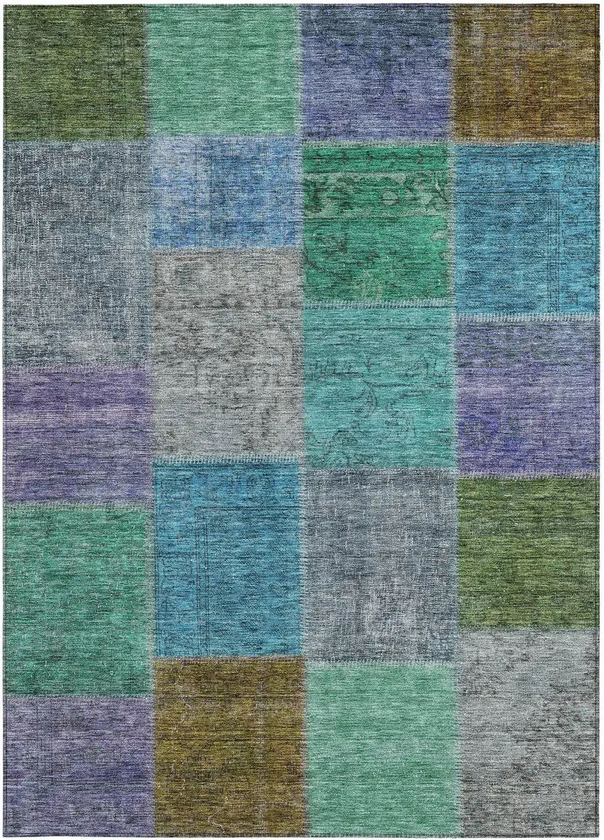 Green Navy Blue And Gray Patchwork Washable Indoor Outdoor Area Rug Photo 6