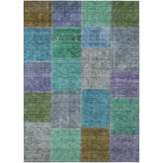 Green Navy Blue And Gray Patchwork Washable Indoor Outdoor Area Rug Photo 2