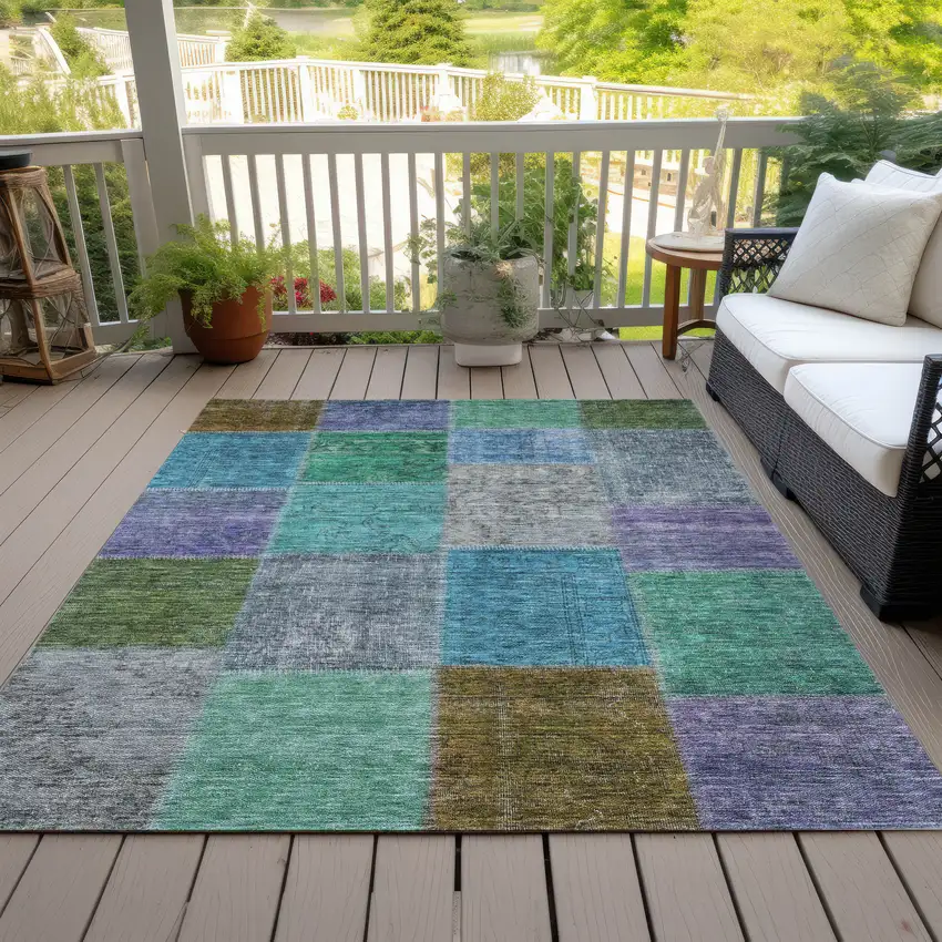 Green Navy Blue And Gray Patchwork Washable Indoor Outdoor Area Rug Photo 7