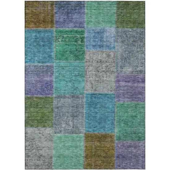 Green Navy Blue And Gray Patchwork Washable Indoor Outdoor Area Rug Photo 2