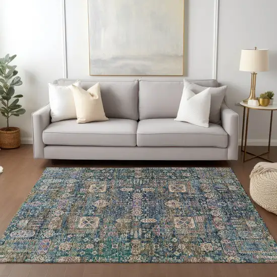 Green Navy Blue And Ivory Oriental Washable Indoor Outdoor Area Rug Photo 9