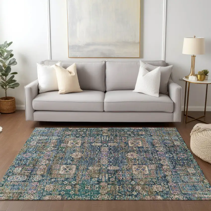 Green Navy Blue And Ivory Oriental Washable Indoor Outdoor Area Rug Photo 9