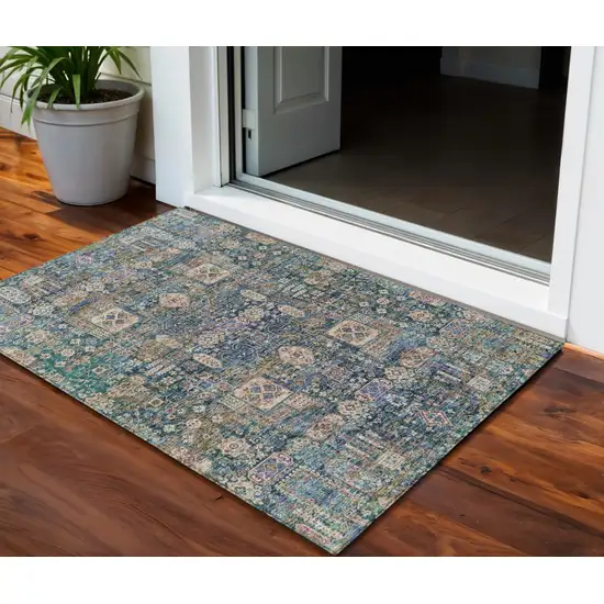 Green Navy Blue And Ivory Oriental Washable Indoor Outdoor Area Rug Photo 1