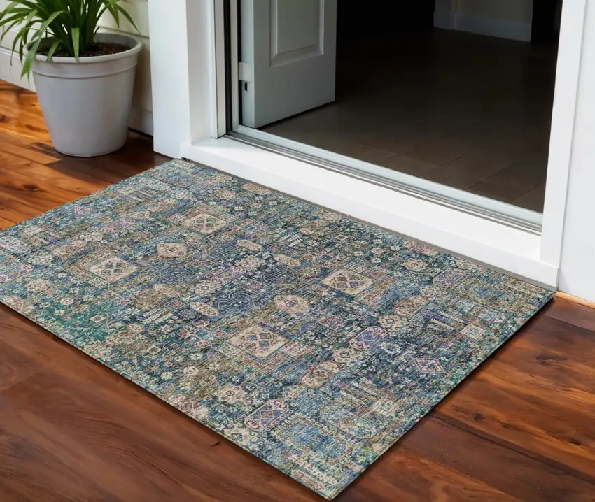 Green Navy Blue And Ivory Oriental Washable Indoor Outdoor Area Rug Photo 1