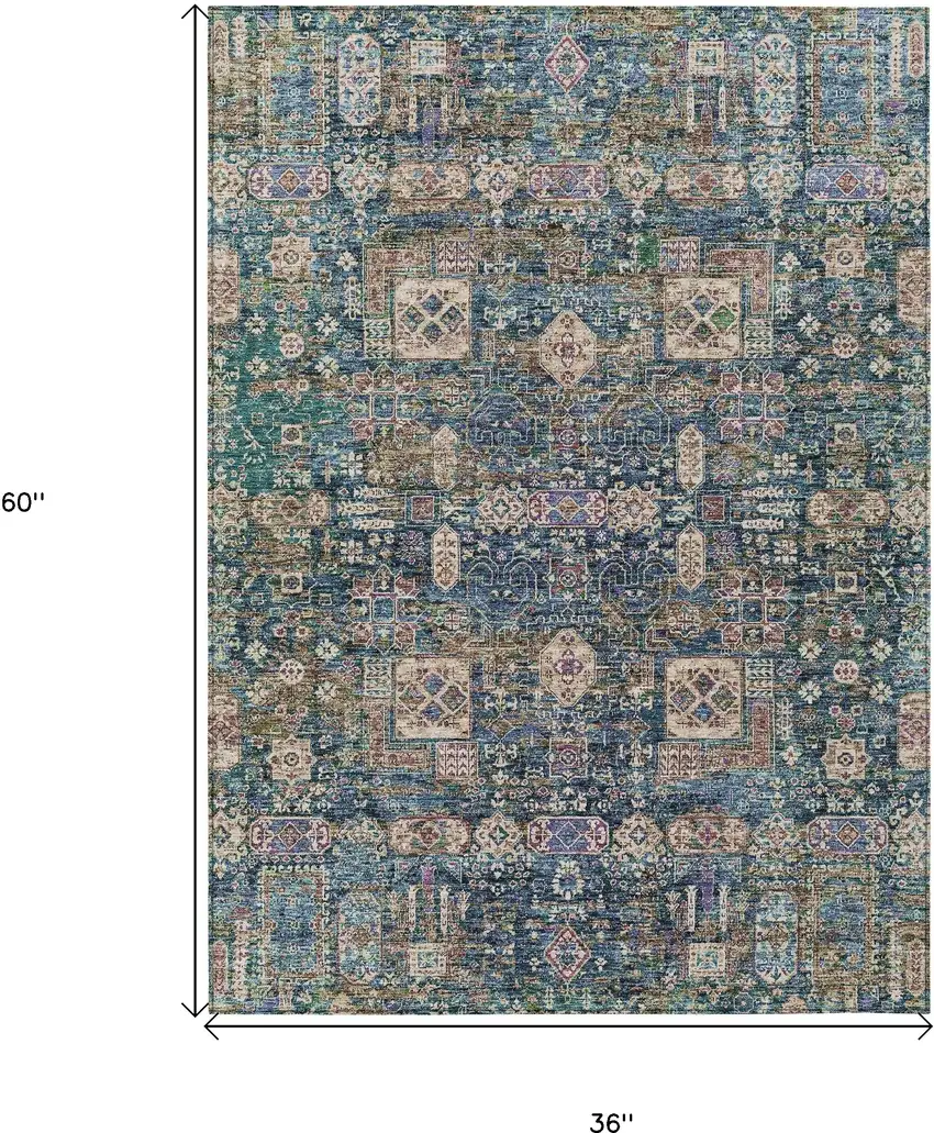 Green Navy Blue And Ivory Oriental Washable Indoor Outdoor Area Rug Photo 3