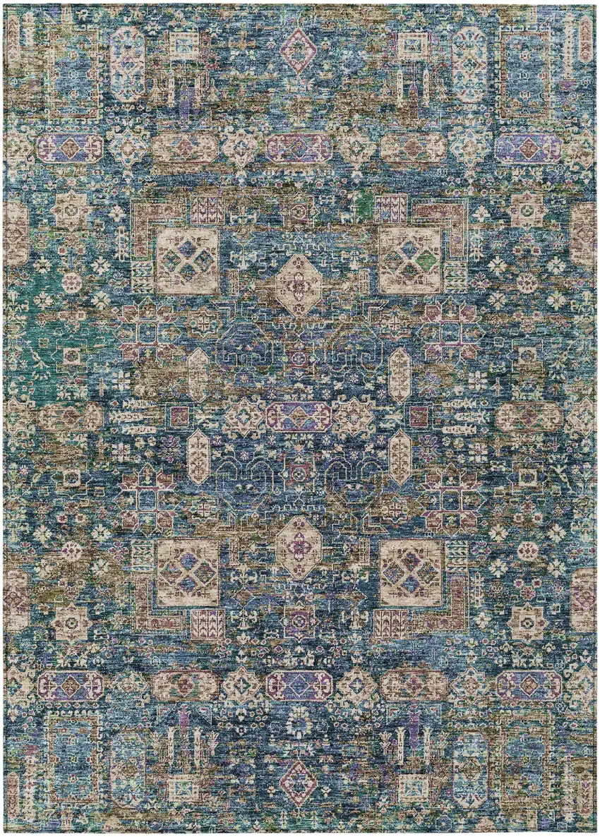 Green Navy Blue And Ivory Oriental Washable Indoor Outdoor Area Rug Photo 1