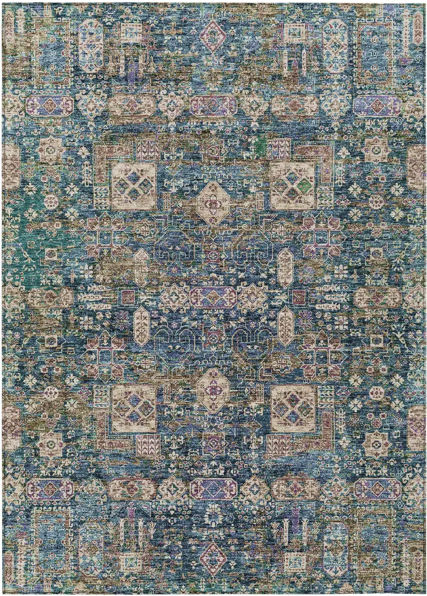 Green Navy Blue And Ivory Oriental Washable Indoor Outdoor Area Rug Photo 1