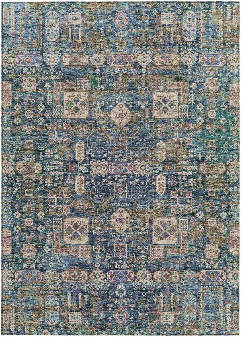 Green Navy Blue And Ivory Oriental Washable Indoor Outdoor Area Rug Photo 5