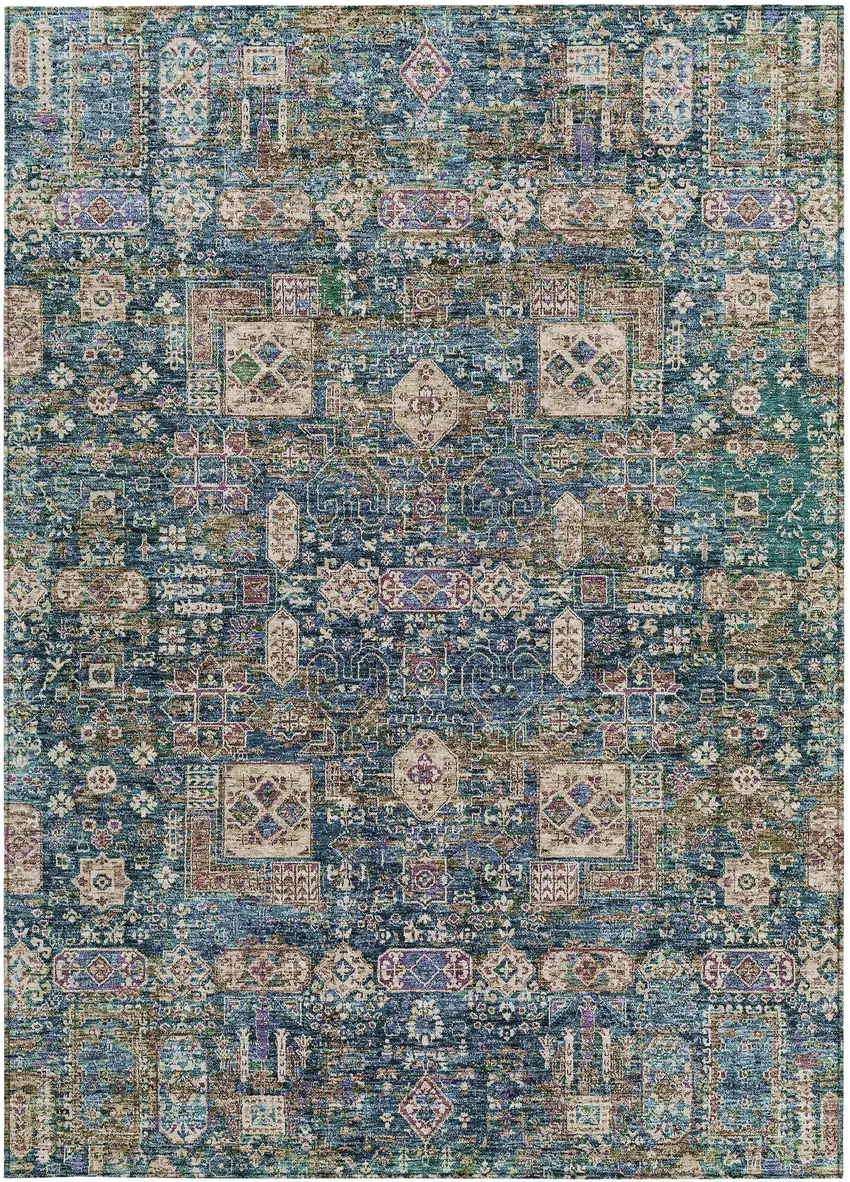 Green Navy Blue And Ivory Oriental Washable Indoor Outdoor Area Rug Photo 5