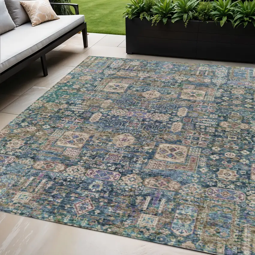 Green Navy Blue And Ivory Oriental Washable Indoor Outdoor Area Rug Photo 1