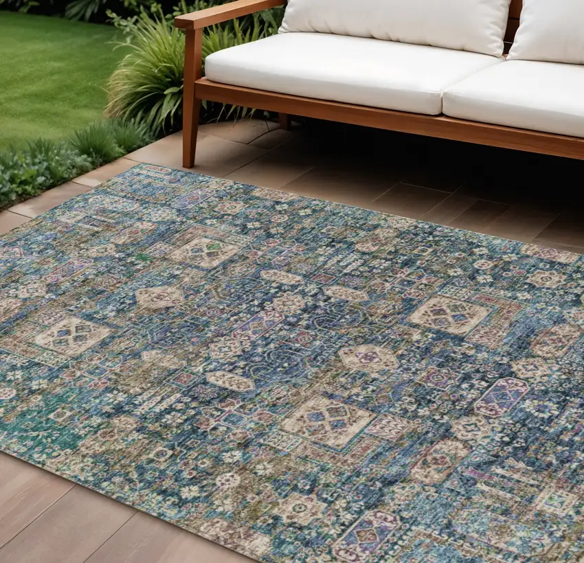Green Navy Blue And Ivory Oriental Washable Indoor Outdoor Area Rug Photo 1