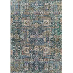 Photo of Green Navy Blue And Ivory Oriental Washable Indoor Outdoor Area Rug