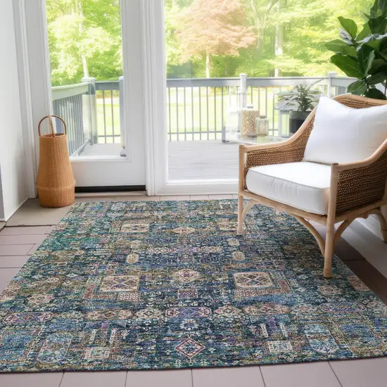 Green Navy Blue And Ivory Oriental Washable Indoor Outdoor Area Rug Photo 9