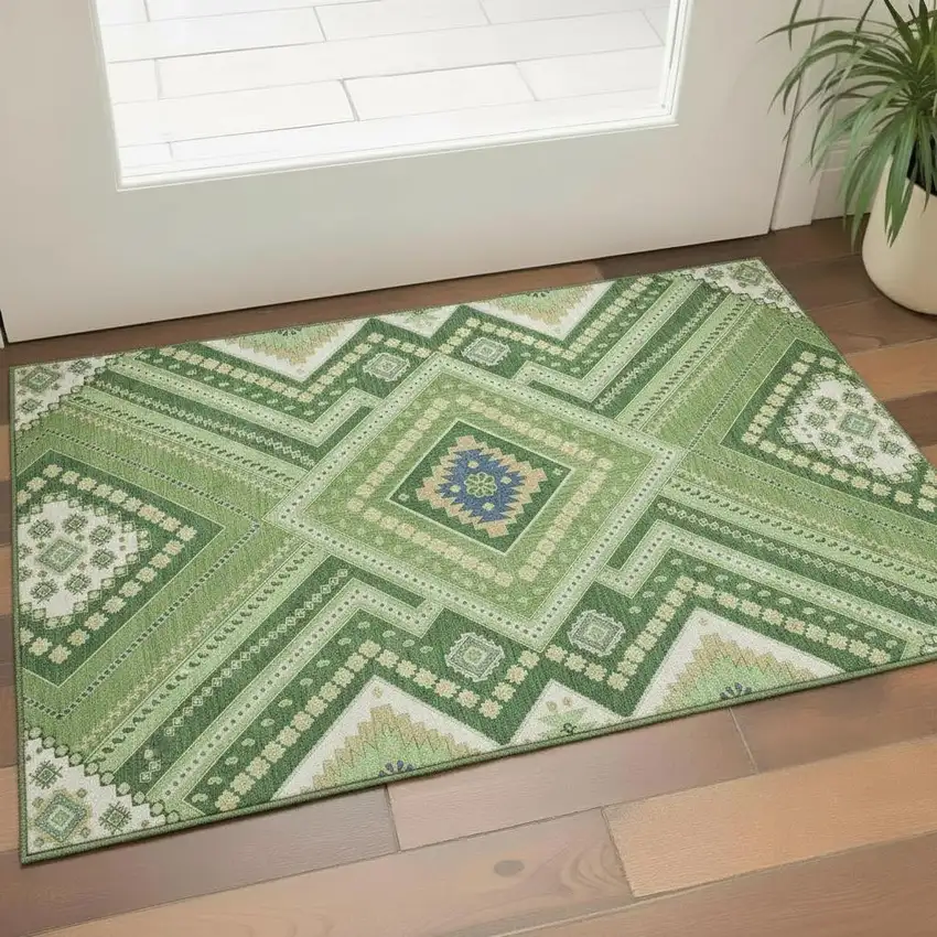 Green Navy Blue And Ivory Tribal Washable Area Rug With UV Protection Photo 2