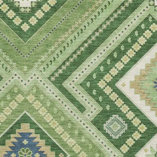 Green Navy Blue And Ivory Tribal Washable Area Rug With UV Protection Photo 2