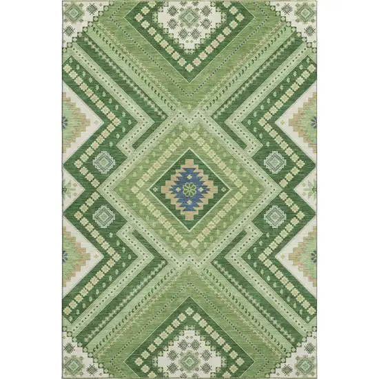 Green Navy Blue And Ivory Tribal Washable Area Rug With UV Protection Photo 1