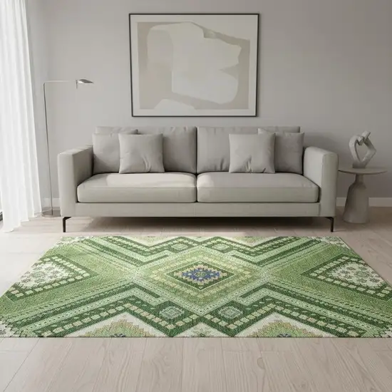 Green Navy Blue And Ivory Tribal Washable Area Rug With UV Protection Photo 2