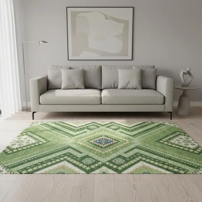 Green Navy Blue And Ivory Tribal Washable Area Rug With UV Protection Photo 2