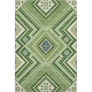 Photo of Green Navy Blue And Ivory Tribal Washable Area Rug With UV Protection