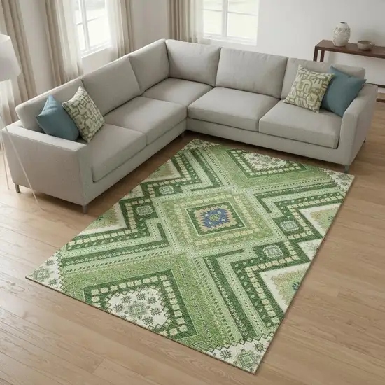 Green Navy Blue And Ivory Tribal Washable Area Rug With UV Protection Photo 2