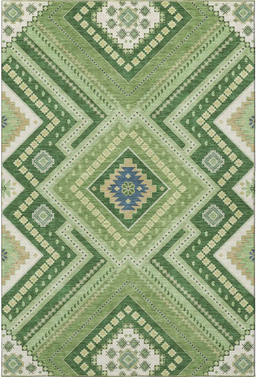 Green Navy Blue And Ivory Tribal Washable Area Rug With UV Protection Photo 3