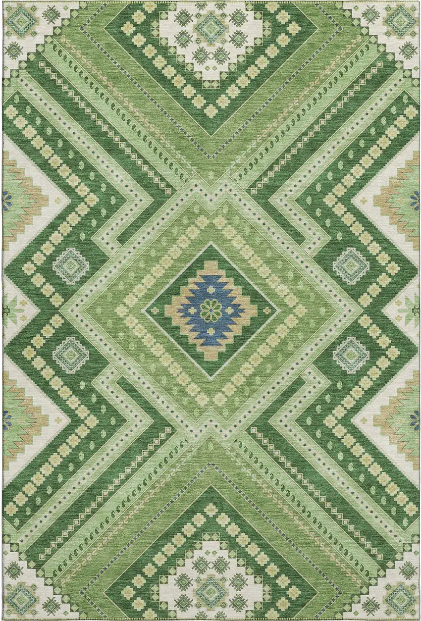 Green Navy Blue And Ivory Tribal Washable Area Rug With UV Protection Photo 1