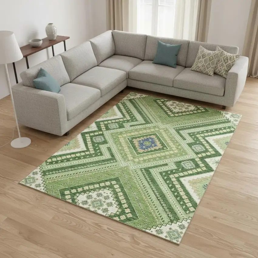 Green Navy Blue And Ivory Tribal Washable Area Rug With UV Protection Photo 2