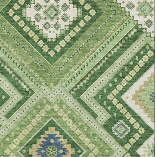 Green Navy Blue And Ivory Tribal Washable Area Rug With UV Protection Photo 2