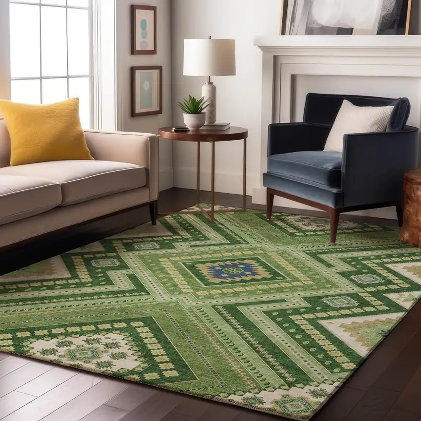 Green Navy Blue And Ivory Tribal Washable Area Rug With UV Protection Photo 4