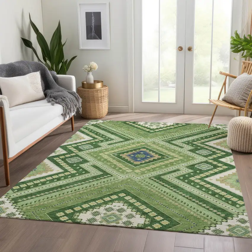 Green Navy Blue And Ivory Tribal Washable Area Rug With UV Protection Photo 5