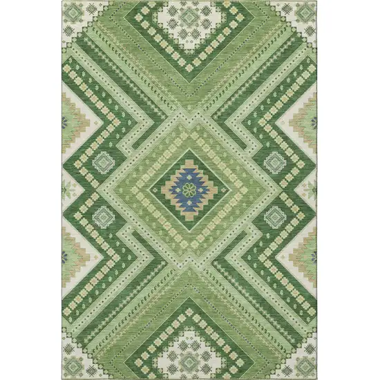 Green Navy Blue And Ivory Tribal Washable Area Rug With UV Protection Photo 3