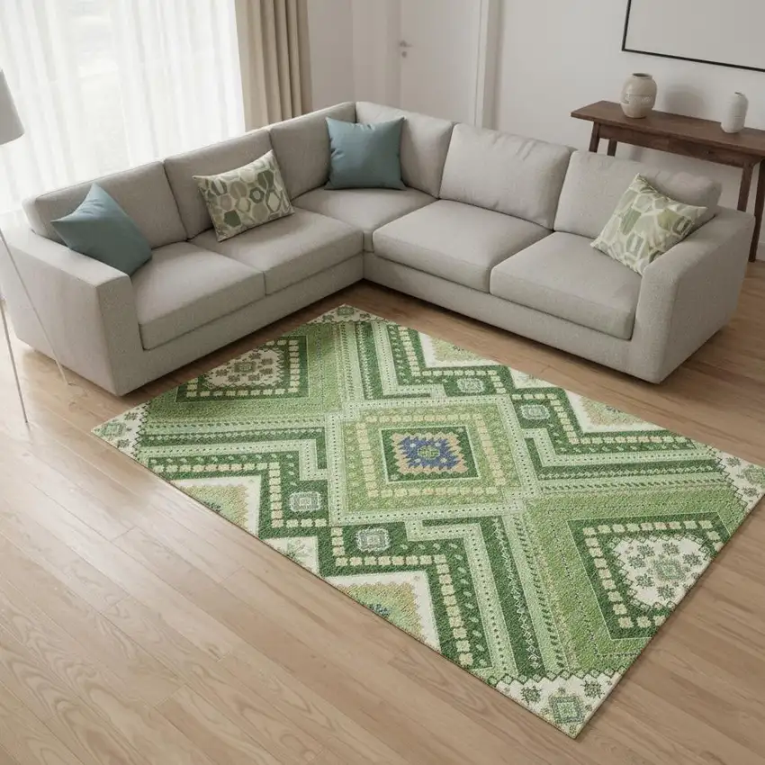 Green Navy Blue And Ivory Tribal Washable Area Rug With UV Protection Photo 2