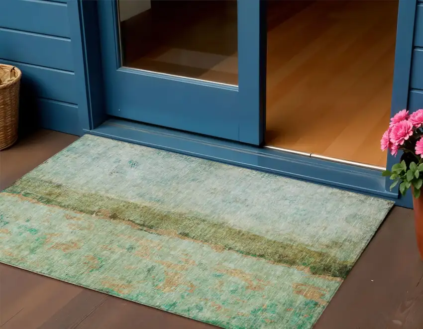 Green Olive Green And Blue Abstract Washable Indoor Outdoor Area Rug Photo 1